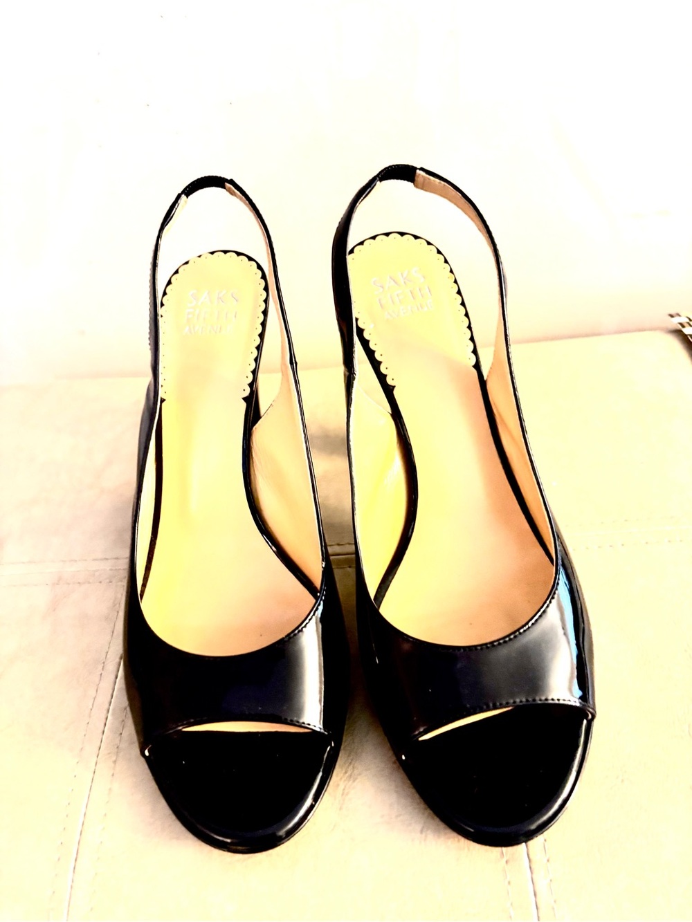 Saks Fifth Avenue Italian Patent Leather
Black Sandals Slingback Heels Sz 7.5
